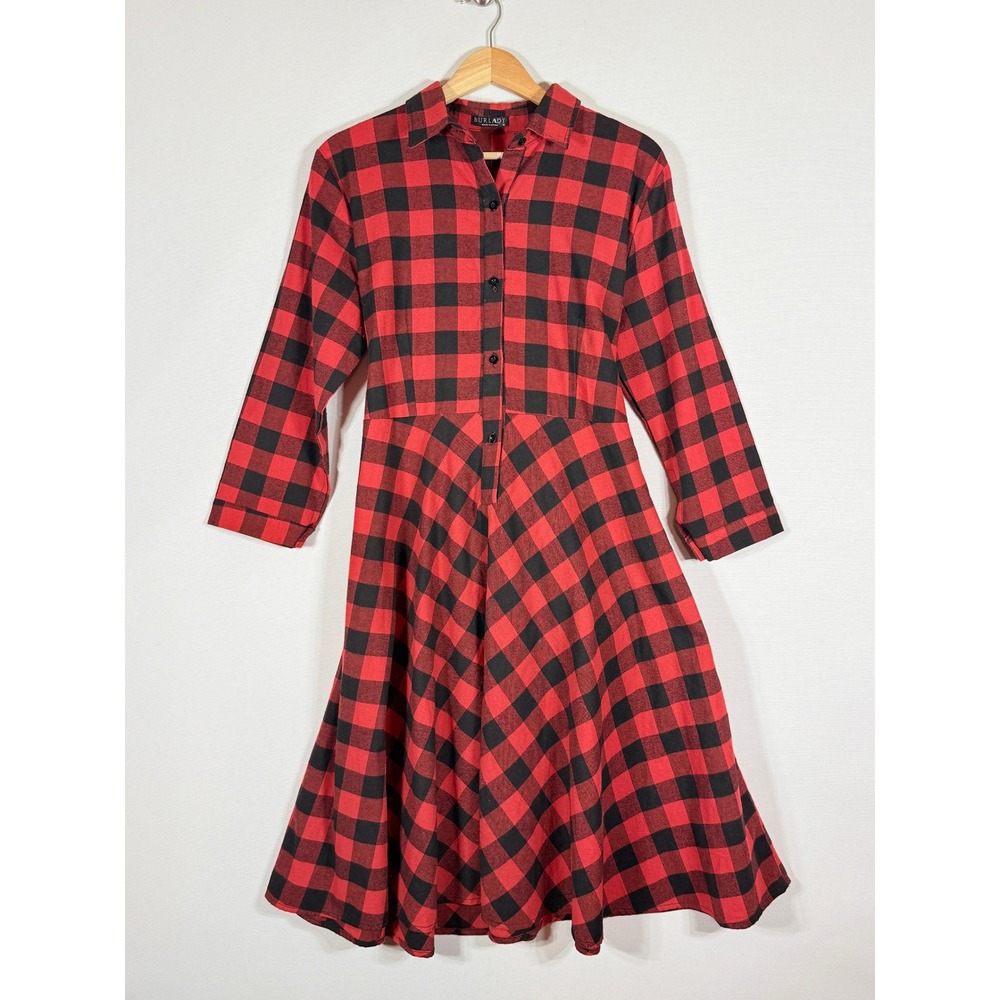 Burlady‎ Womens XL Dress Red Black Buffalo Plaid Flannel Twirl Rockabilly Rugged